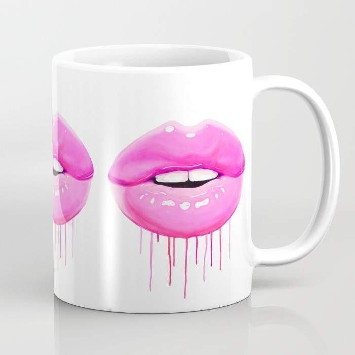 A stylish pink lips ceramic coffee mug with a large handle, featuring a vibrant wrap-around design, perfect for hot or cold beverages.