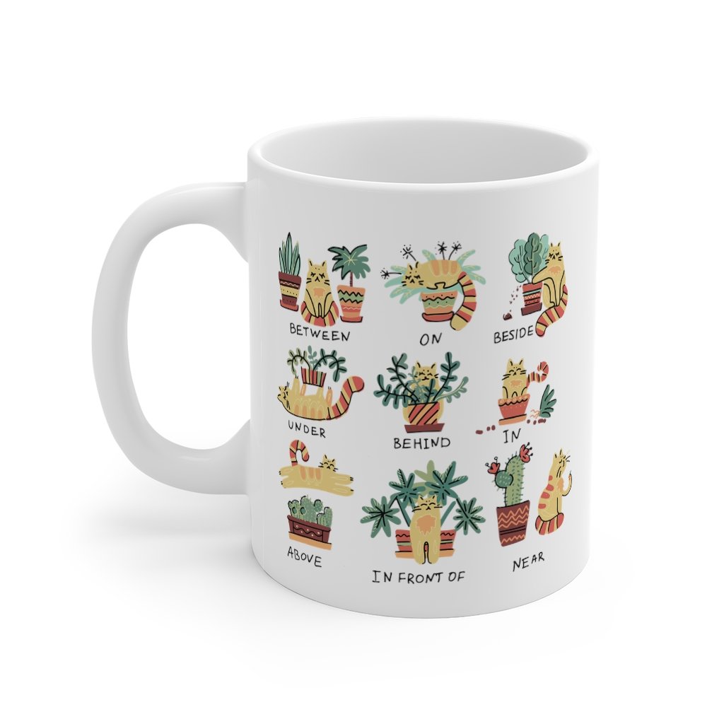 Puurfect Combo Cat and Plants Coffee Tea Mug featuring a white ceramic design with playful cat and plant illustrations.