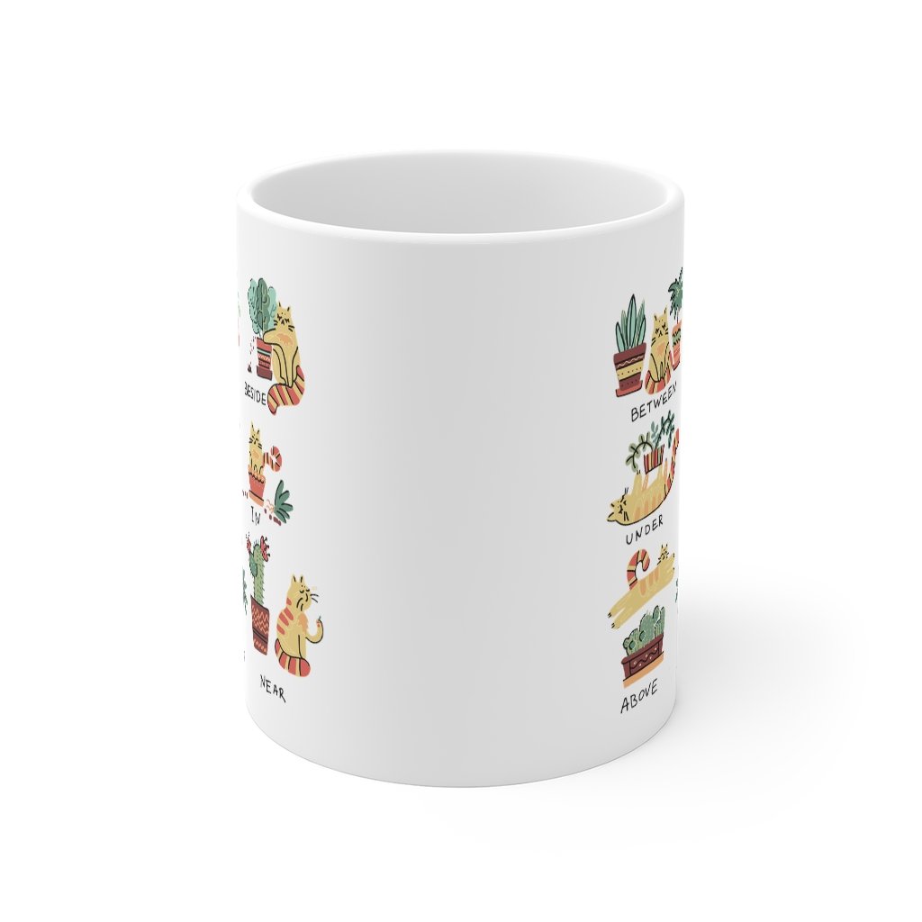 Puurfect Combo Cat and Plants Coffee Tea Mug featuring a white ceramic design with playful cat and plant illustrations.