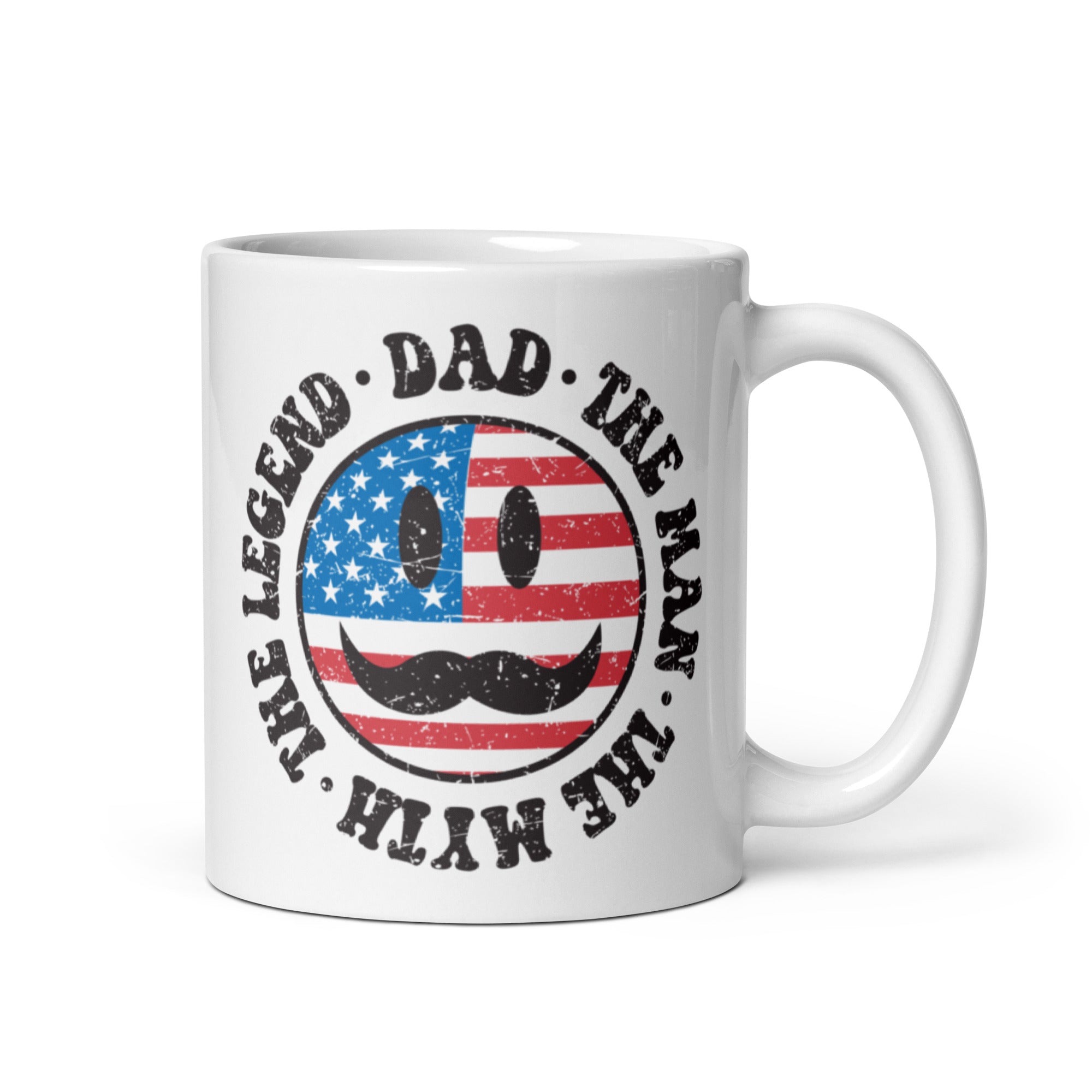 A glossy ceramic mug featuring the text 'Retro The Legend Dad' printed on both sides, available in two sizes.