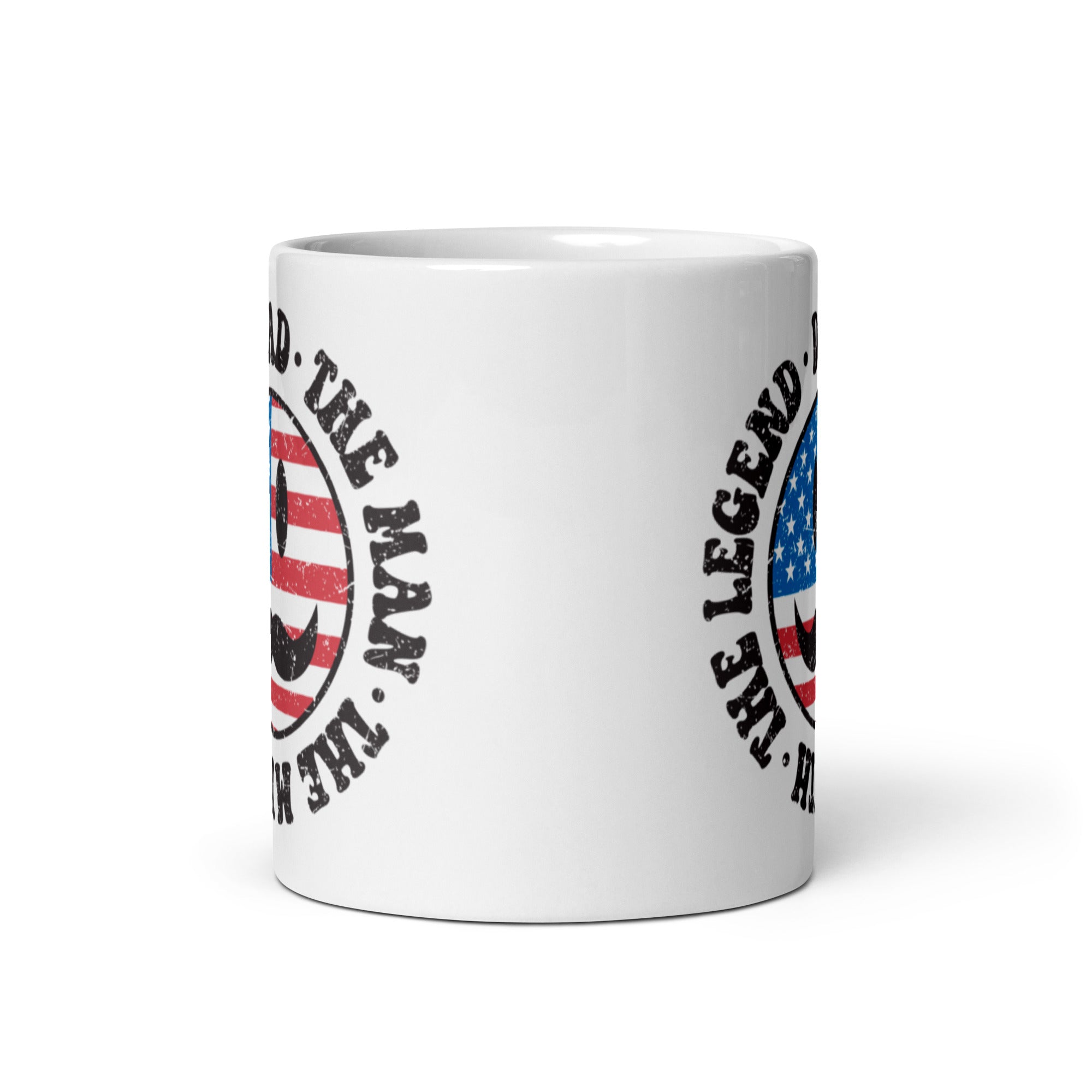 A glossy ceramic mug featuring the text 'Retro The Legend Dad' printed on both sides, available in two sizes.