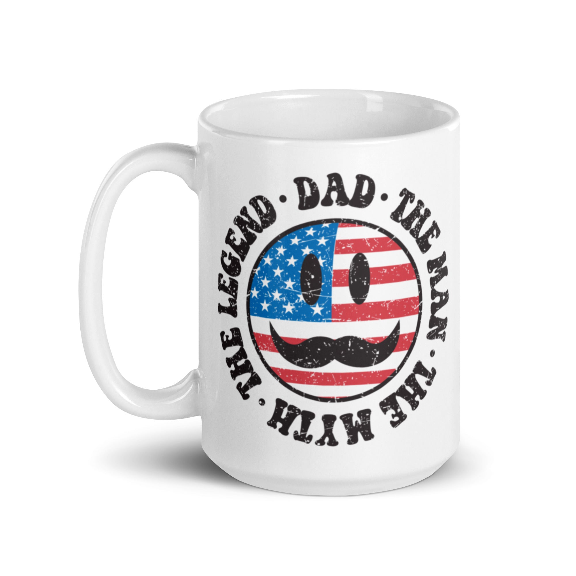 A glossy ceramic mug featuring the text 'Retro The Legend Dad' printed on both sides, available in two sizes.