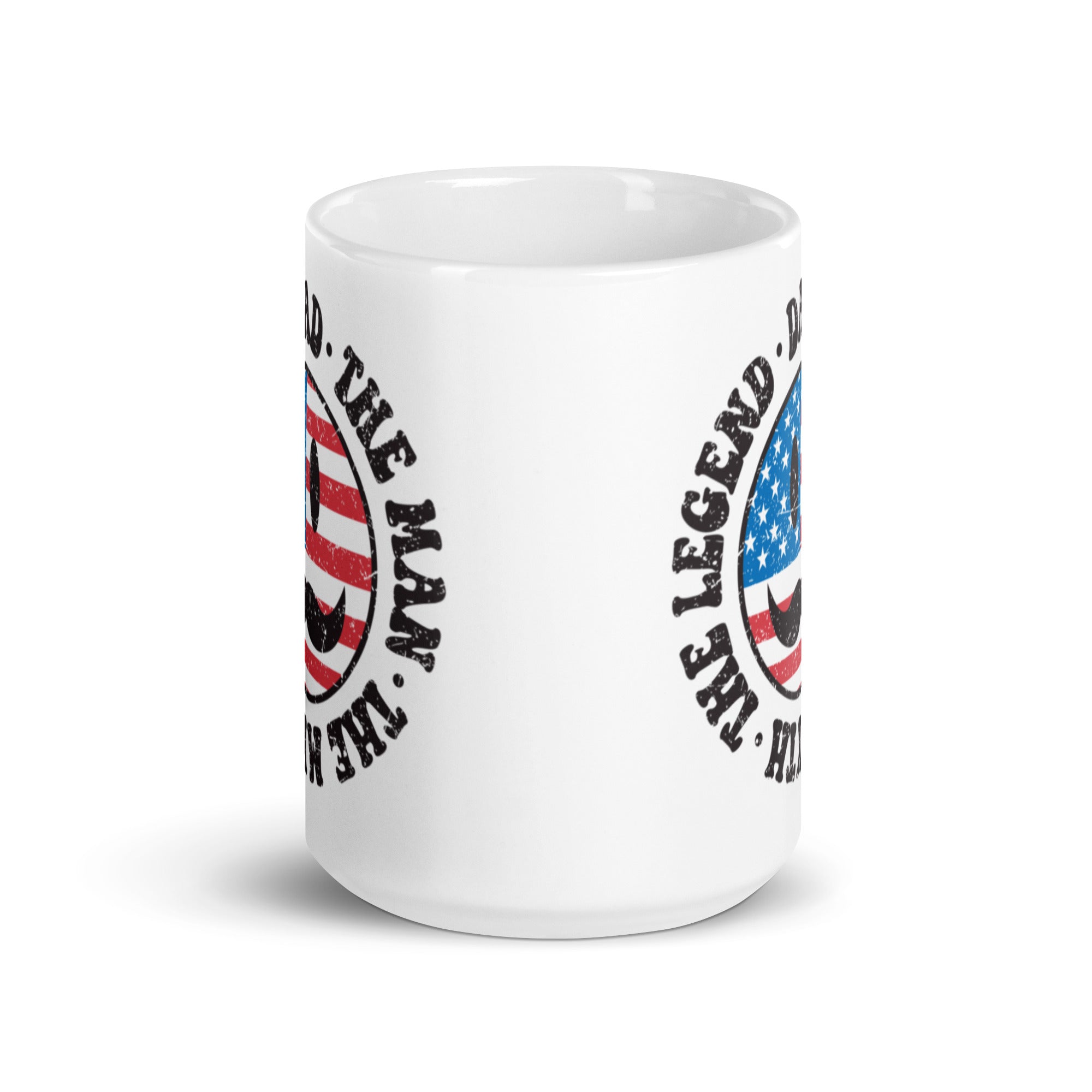 A glossy ceramic mug featuring the text 'Retro The Legend Dad' printed on both sides, available in two sizes.