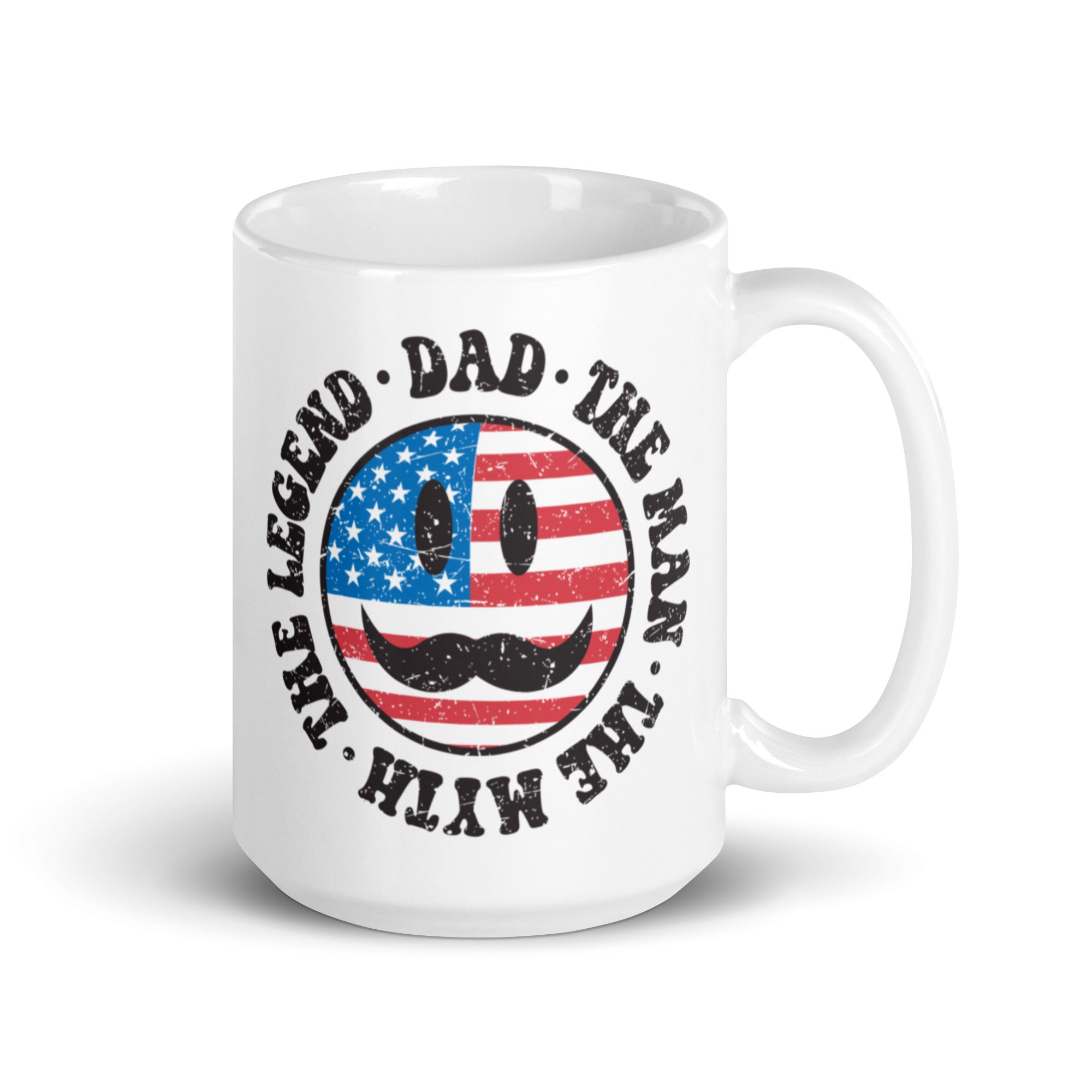 A glossy ceramic mug featuring the text 'Retro The Legend Dad' printed on both sides, available in two sizes.