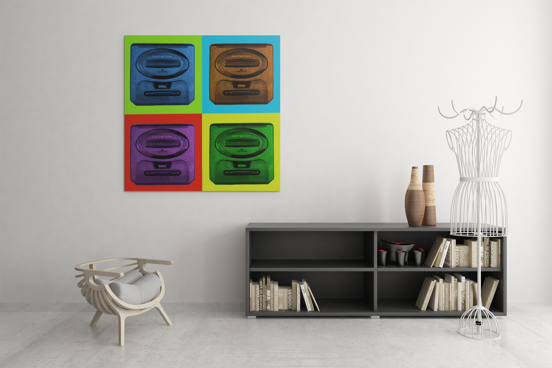Sega Genesis Modern Pop Art Canvas Print featuring a vibrant 4-panel design inspired by Andy Warhol.