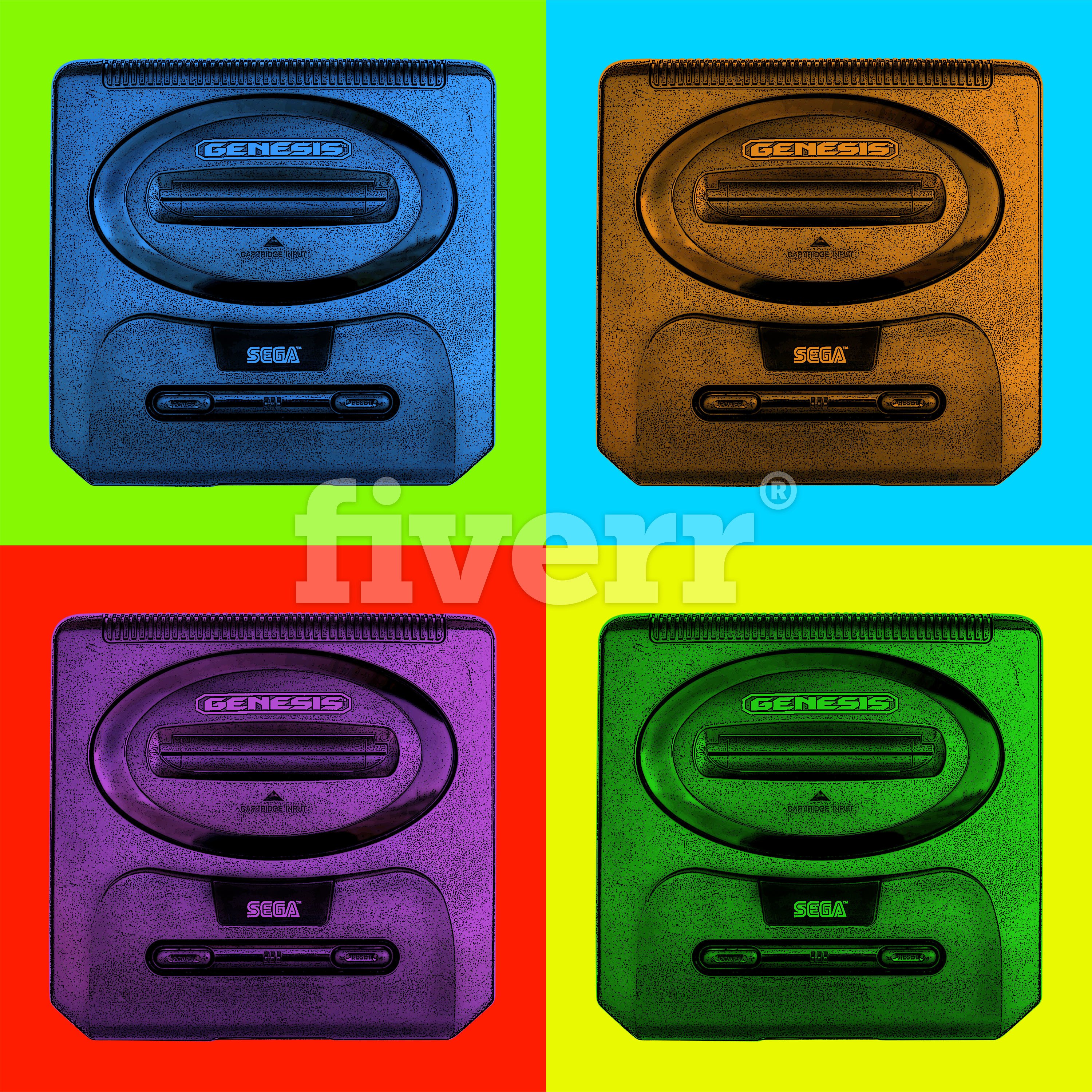 Sega Genesis Modern Pop Art Canvas Print featuring a vibrant 4-panel design inspired by Andy Warhol.