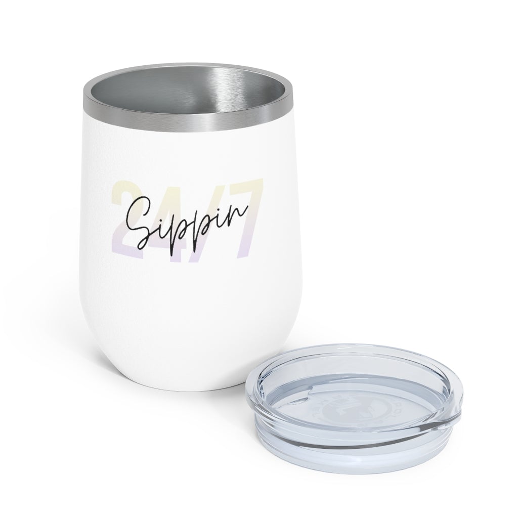 Sippin Insulated Wine Tumbler in white with clear lid, showcasing its sleek design and double-wall insulation.