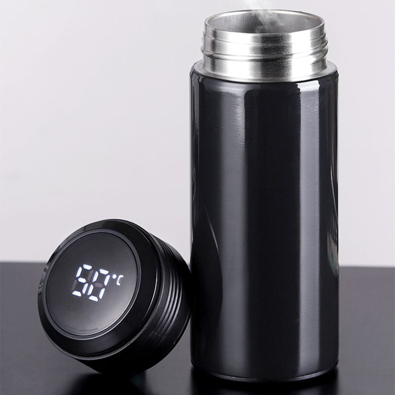 Smart Insulation Cup with Temperature Display in black and white, showcasing its sleek design and temperature display feature.