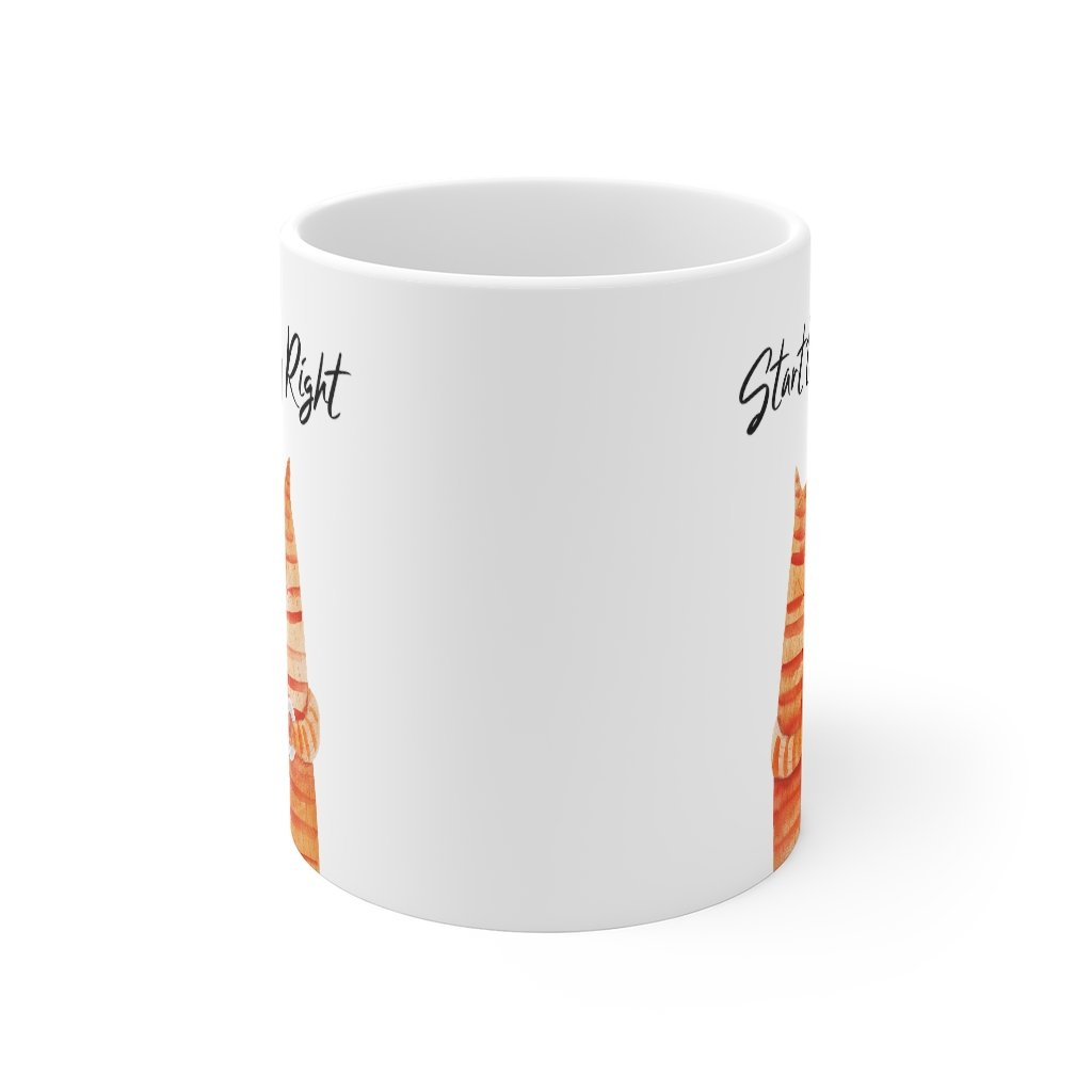 A white ceramic coffee mug featuring a cute cat holding a goldfish, perfect for coffee, tea, or hot chocolate.