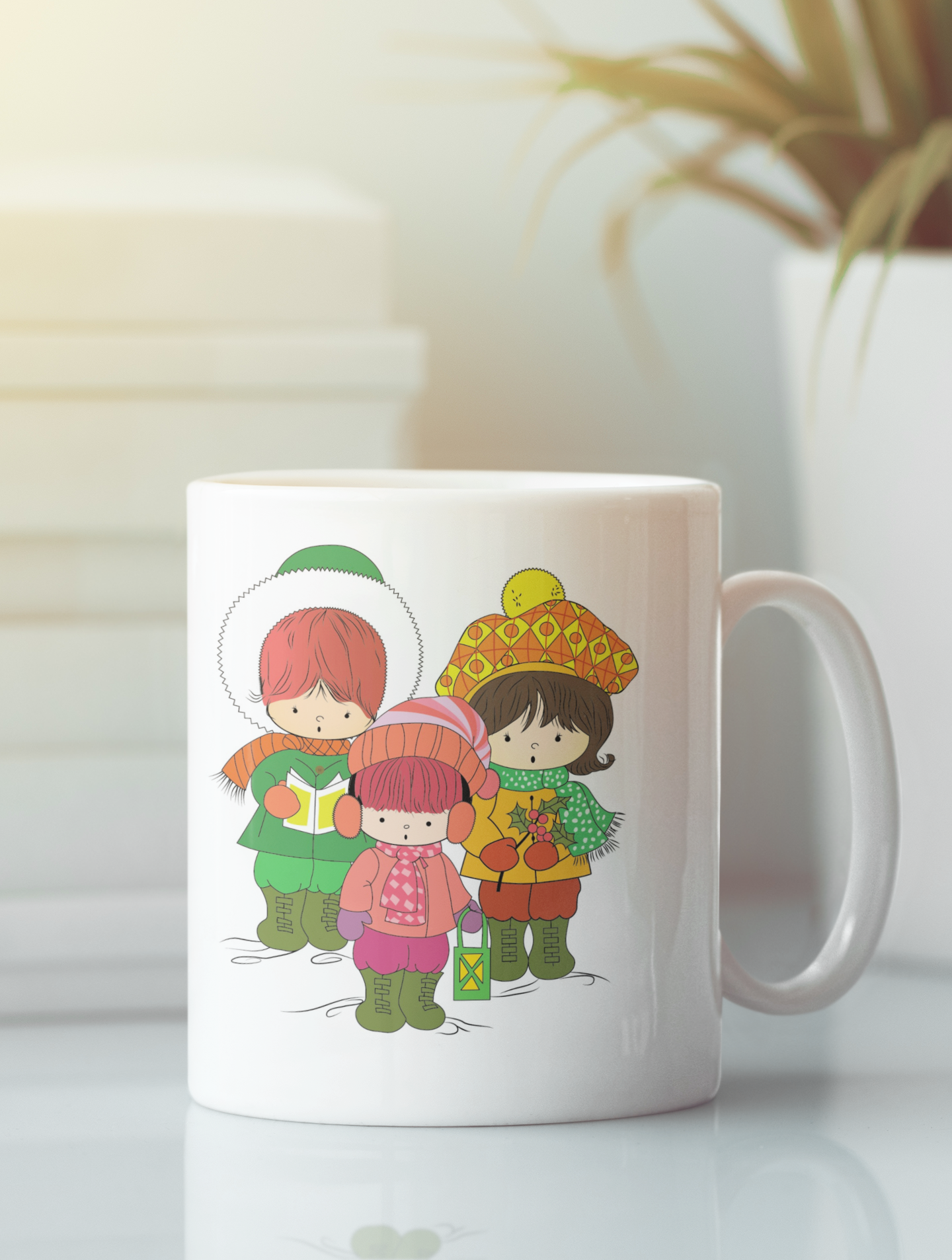 Three Children Christmas Carolers Pop Art Coffee Mug featuring vibrant design of kids singing in snow.