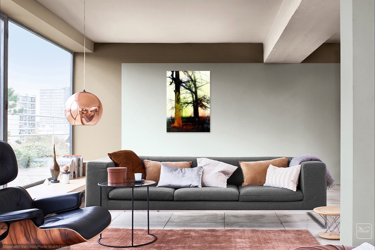 Trees In The Fog #2 modern abstract pop art coffee mug with watercolor splash design, featuring ergonomic handle and printed on both sides.