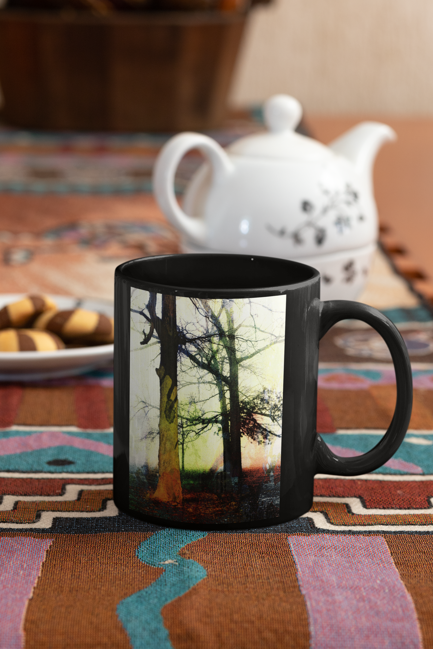 Trees In The Fog #2 modern abstract pop art coffee mug with watercolor splash design, featuring ergonomic handle and printed on both sides.