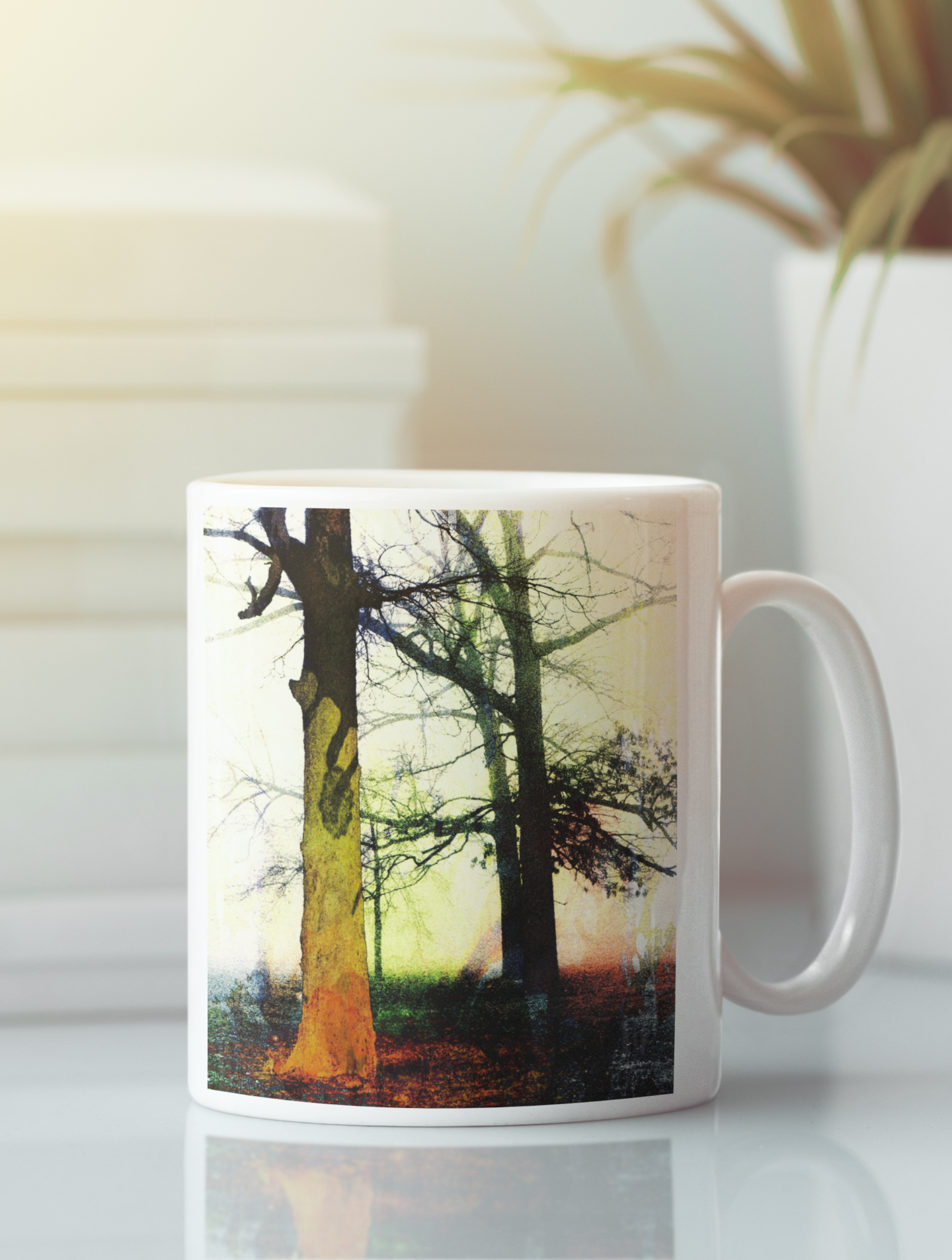 Trees In The Fog #2 Modern Abstract Pop Art Print featuring bold colors and a serene foggy landscape, perfect for contemporary decor.