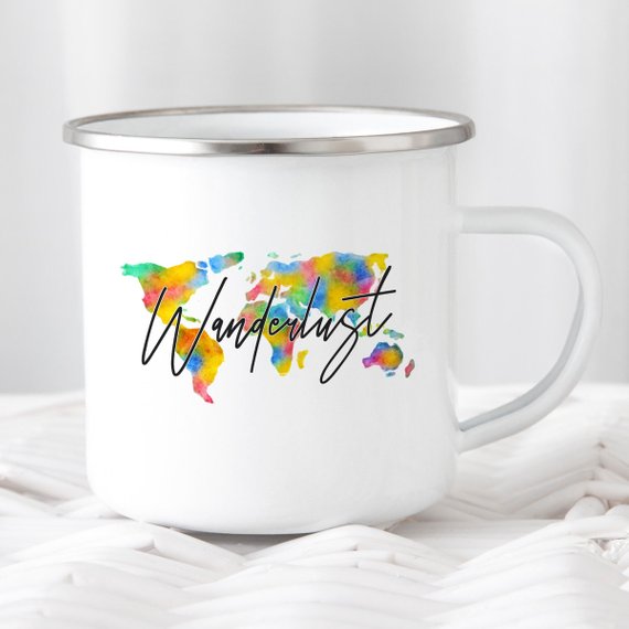 Wanderlust Enamel Mug featuring a vibrant design, crafted from cast iron with a stainless steel rim, perfect for camping and hiking.