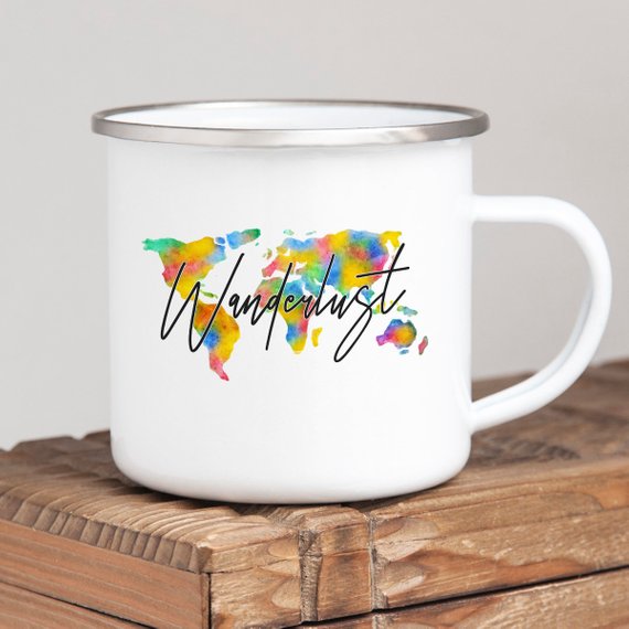 Wanderlust Enamel Mug featuring a vibrant design, crafted from cast iron with a stainless steel rim, perfect for camping and hiking.