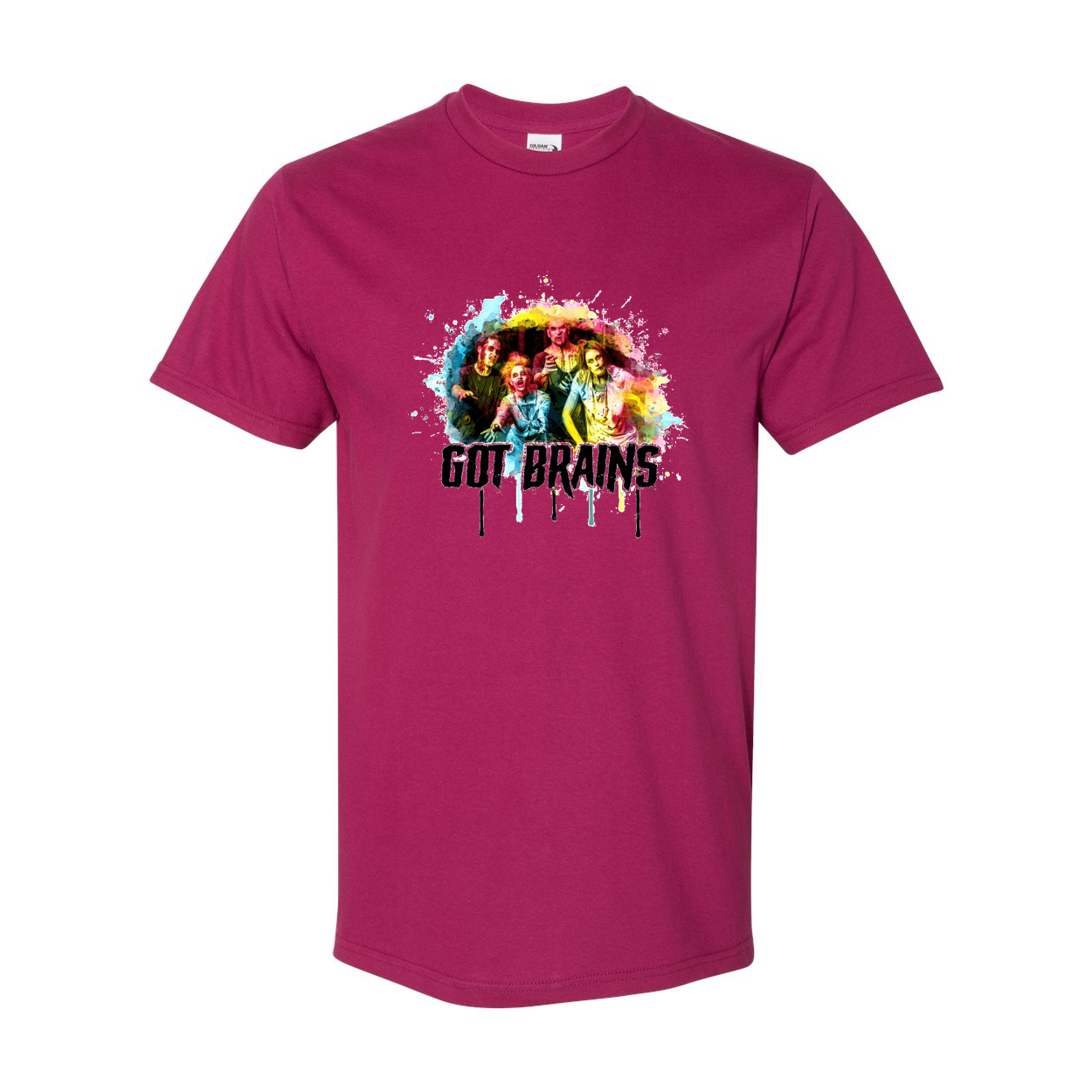 A stylish short sleeve t-shirt featuring a zombie graphic with the text 'Zombie Got Brains Hammer', made from soft cotton for comfort.