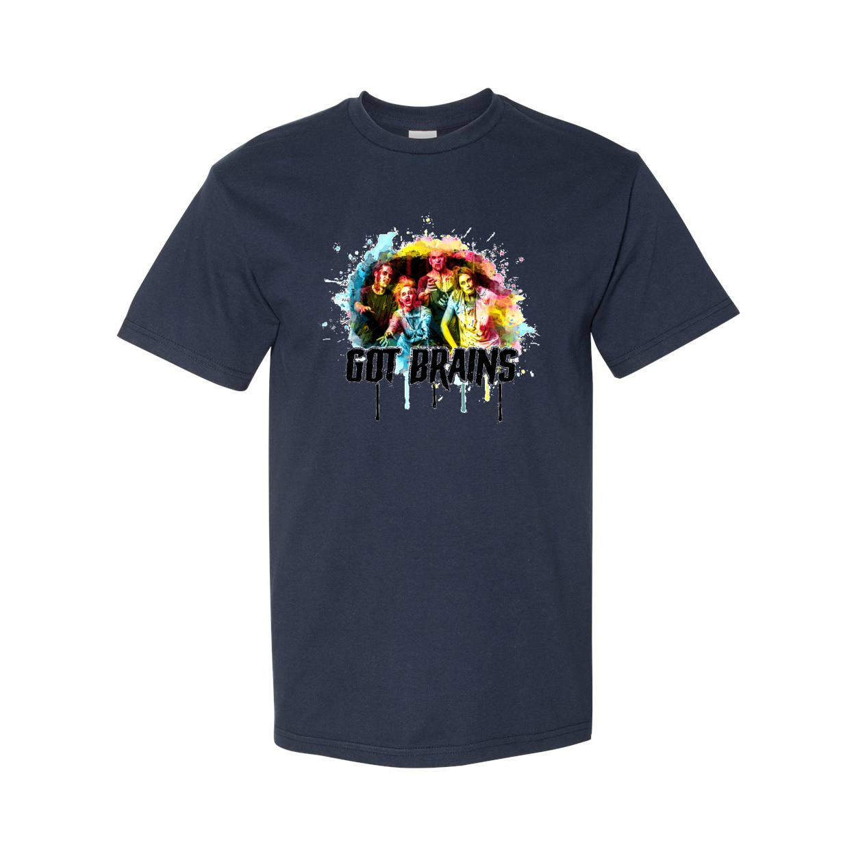 A stylish short sleeve t-shirt featuring a zombie graphic with the text 'Zombie Got Brains Hammer', made from soft cotton for comfort.