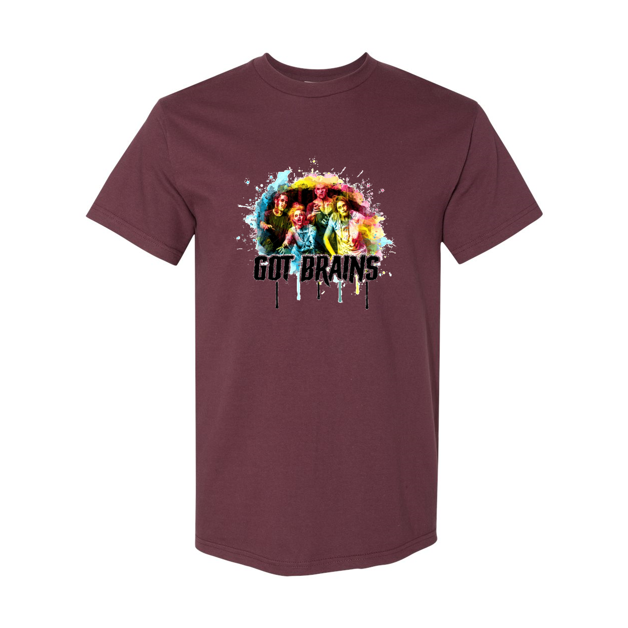 A stylish short sleeve t-shirt featuring a zombie graphic with the text 'Zombie Got Brains Hammer', made from soft cotton for comfort.