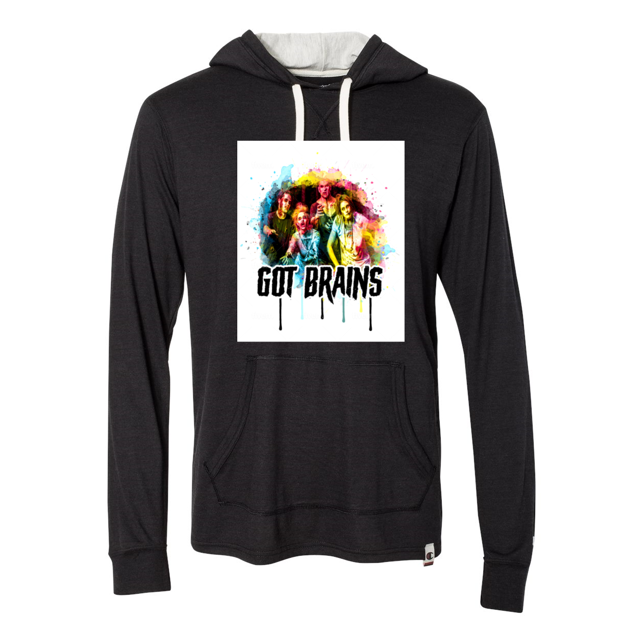 Zombie Got Brains Tri Blend Hooded Pullover in oatmeal heather color with front pouch pocket and Champion logo.