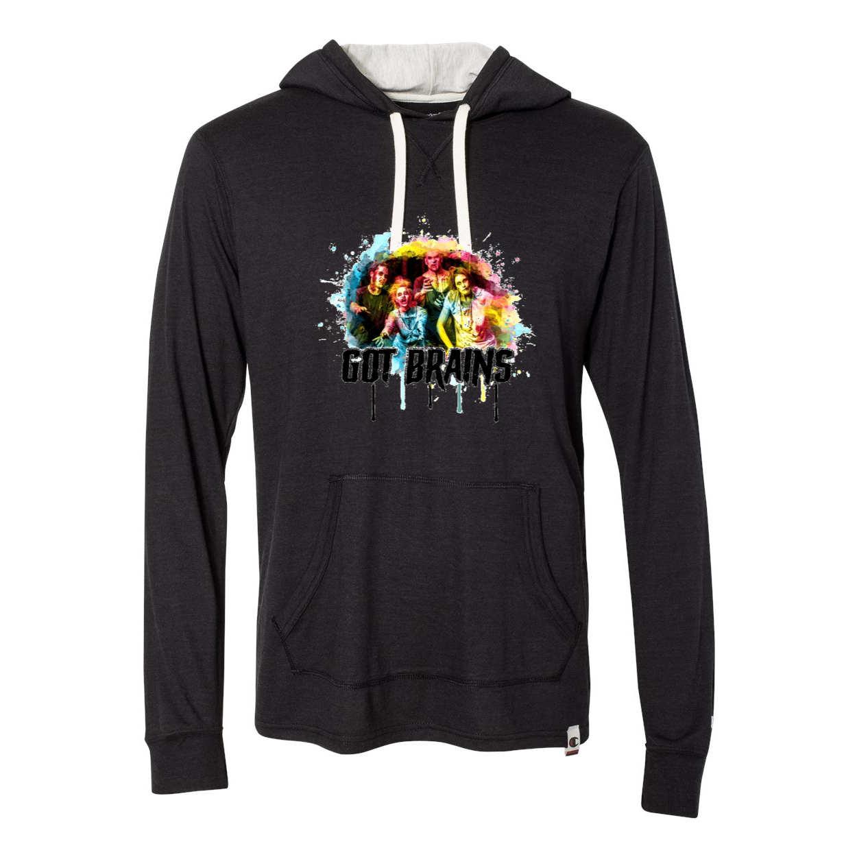 Zombie Got Brains Tri Blend Hooded Pullover in oatmeal heather color with front pouch pocket and Champion logo.