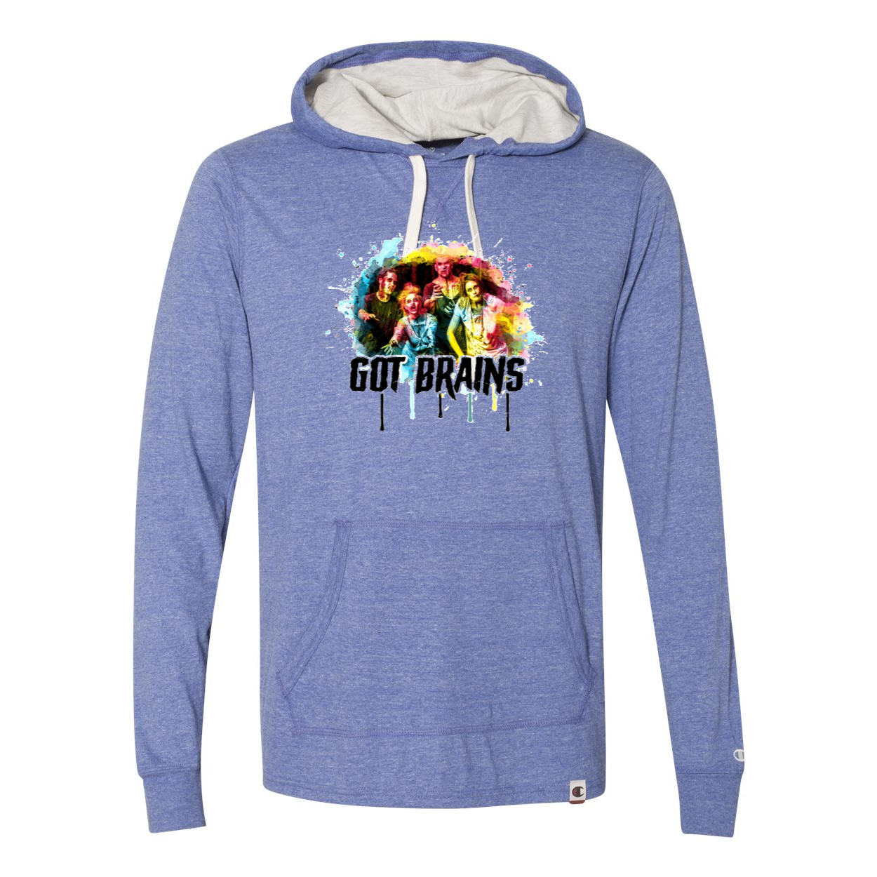 Zombie Got Brains Tri Blend Hooded Pullover in oatmeal heather color with front pouch pocket and Champion logo.