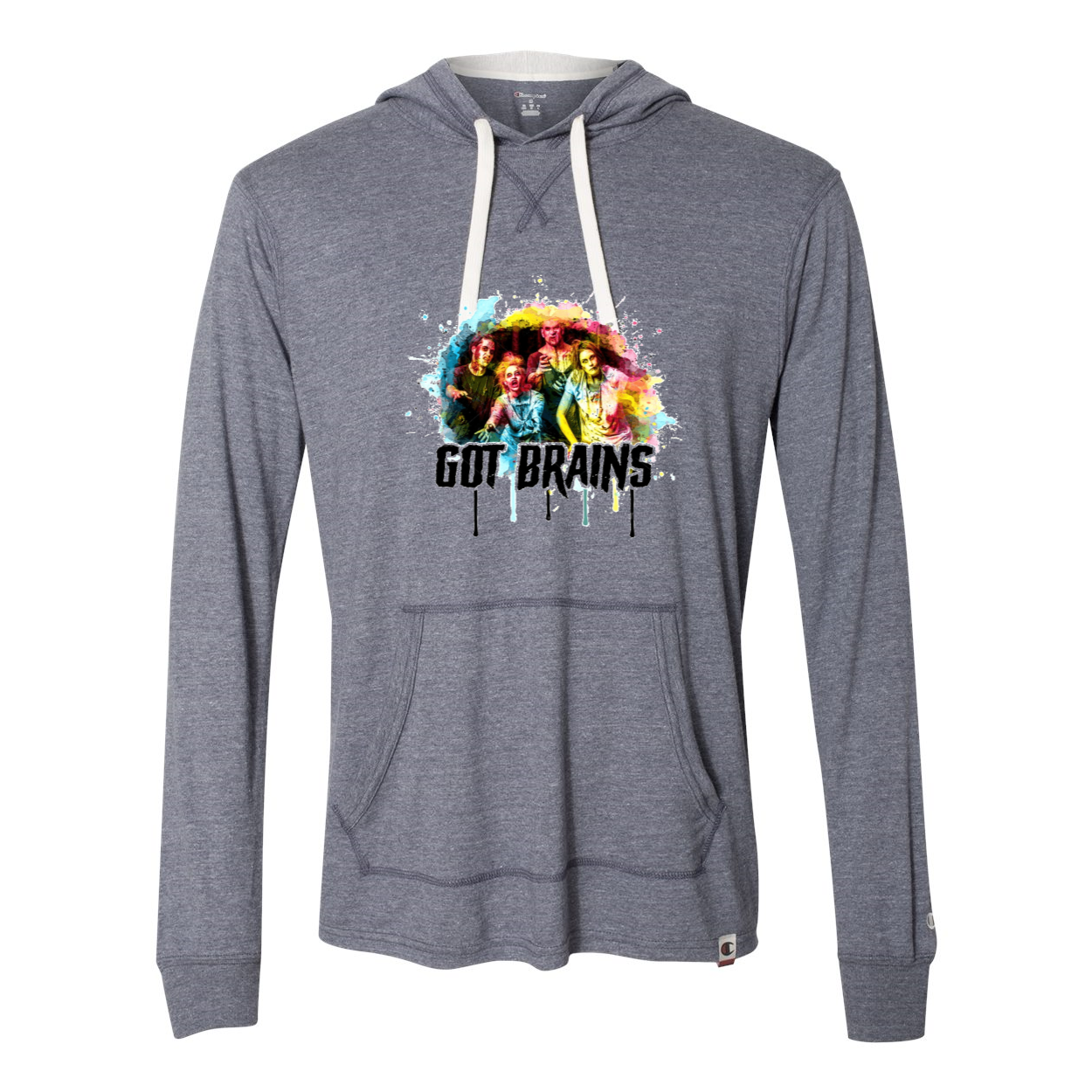 Zombie Got Brains Tri Blend Hooded Pullover in oatmeal heather color with front pouch pocket and Champion logo.