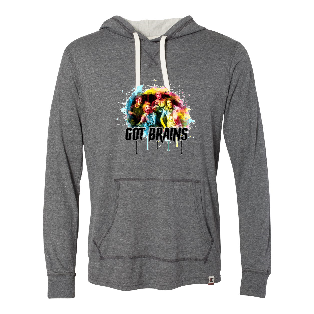 Zombie Got Brains Tri Blend Hooded Pullover in oatmeal heather color with front pouch pocket and Champion logo.