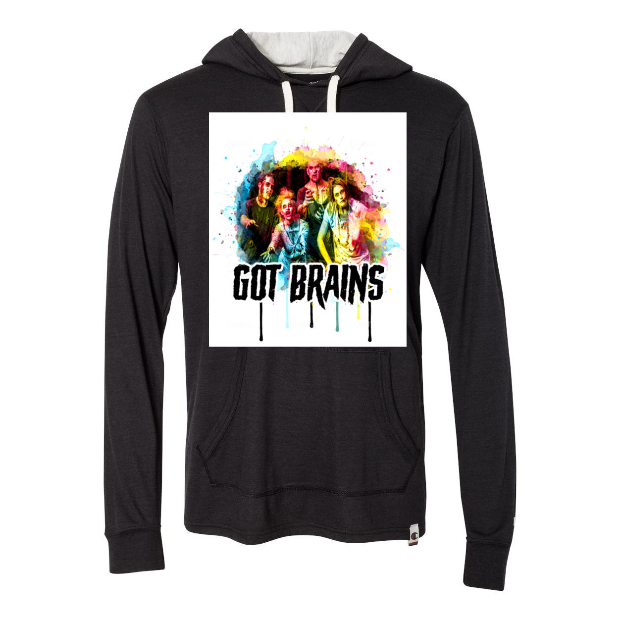 Zombie Got Brains Triblend Hooded Pullover in oatmeal heather color with front pouch pocket and jersey lined hood.