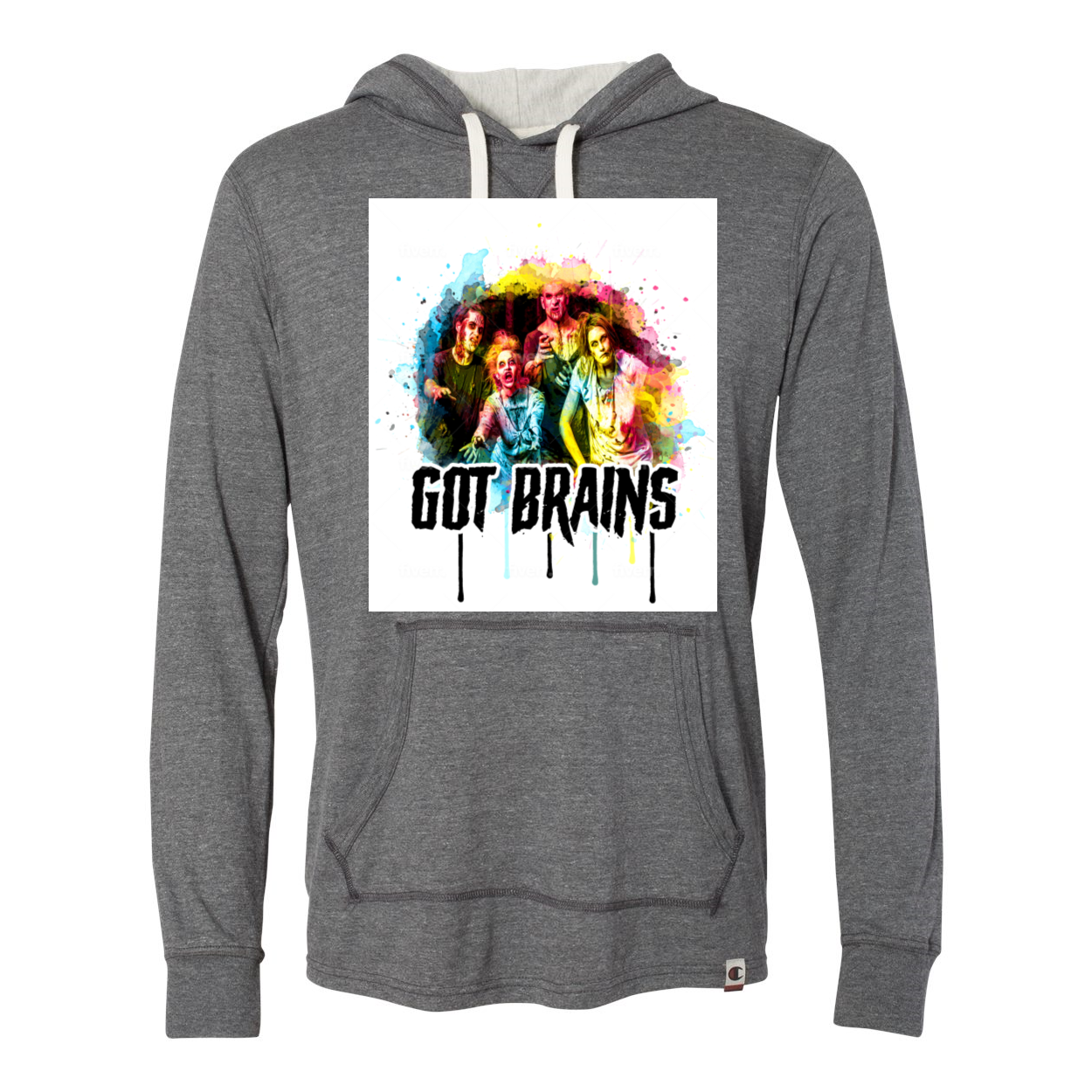 Zombie Got Brains Triblend Hooded Pullover in oatmeal heather color with front pouch pocket and jersey lined hood.