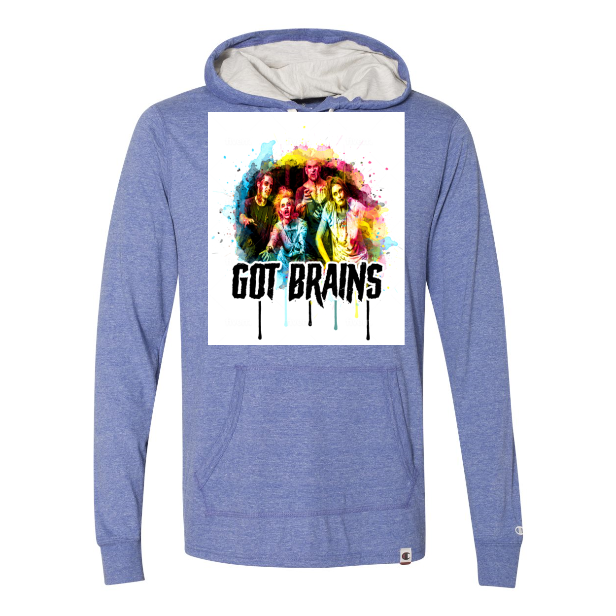 Zombie Got Brains Triblend Hooded Pullover in oatmeal heather color with front pouch pocket and jersey lined hood.