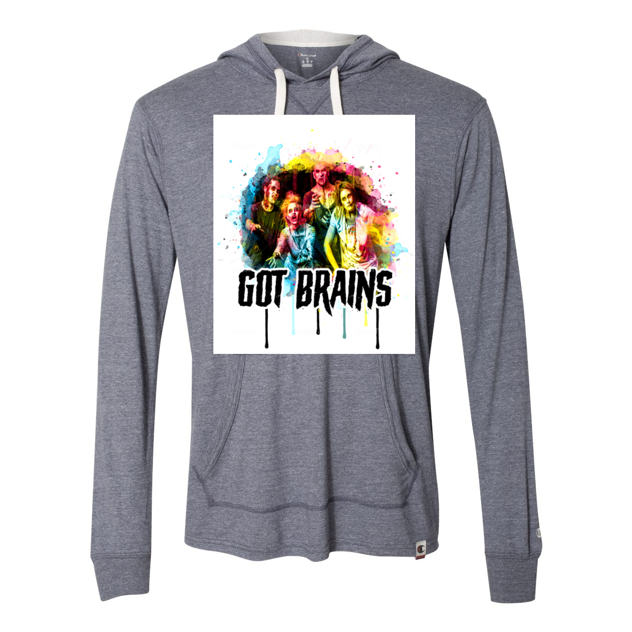 Zombie Got Brains Triblend Hooded Pullover in oatmeal heather color with front pouch pocket and jersey lined hood.