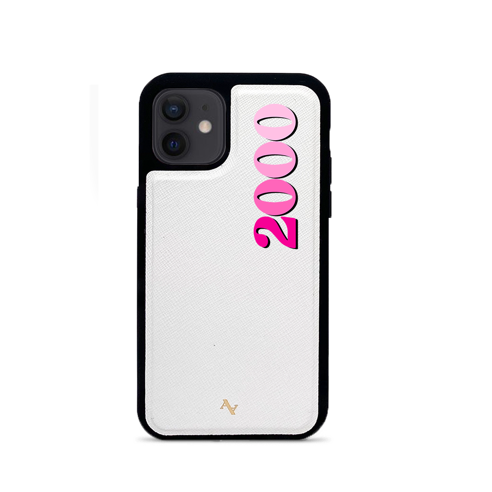 Stylish white leather case for iPhone 12 Mini with soft rubber edges, showcasing personalization options.