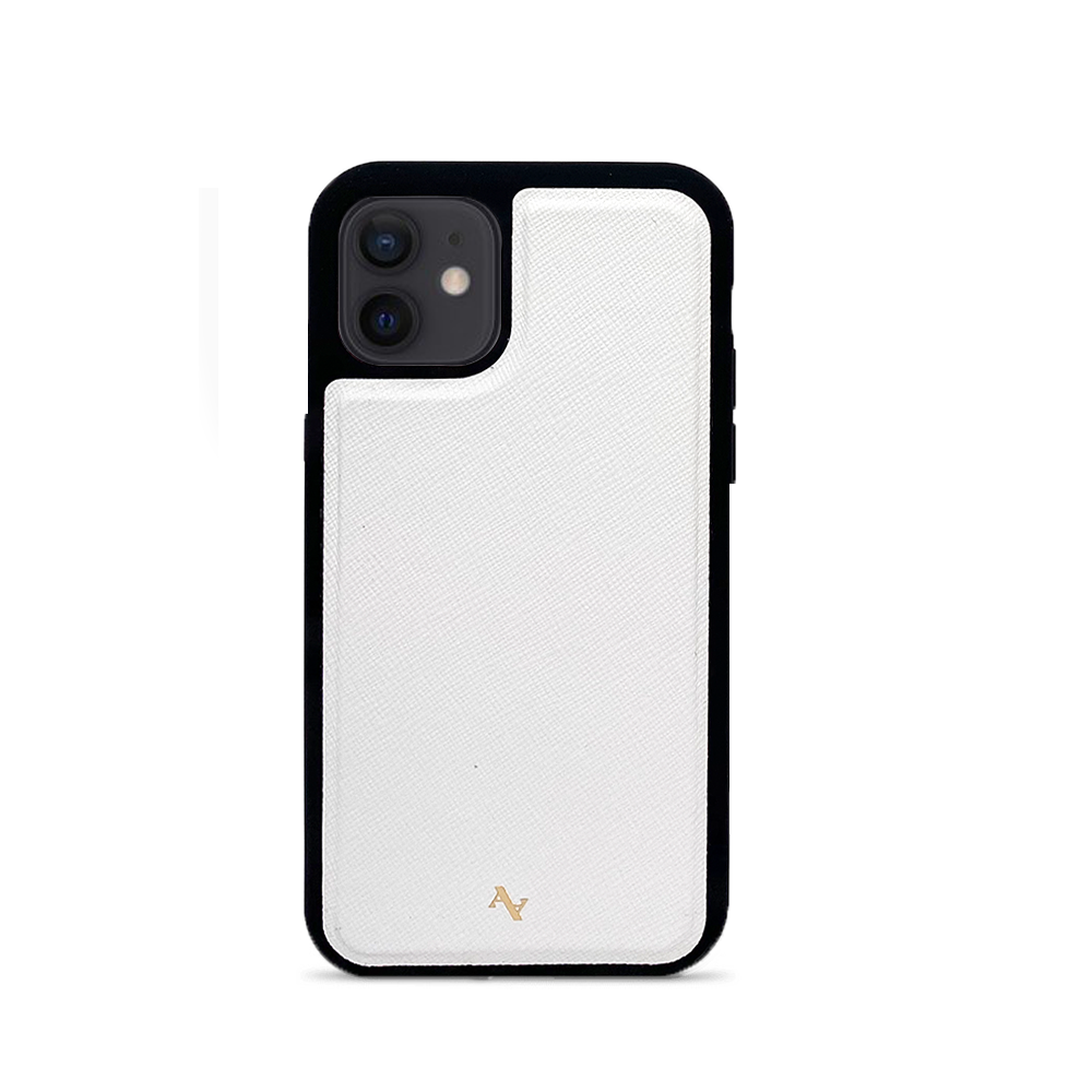 Stylish white leather case for iPhone 12 Mini with soft rubber edges, showcasing personalization options.