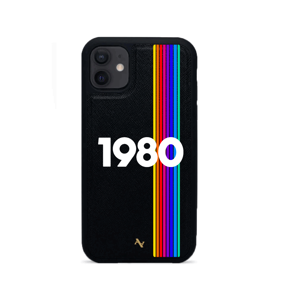 80s Black iPhone 12 Leather Case made of vegan saffiano leather with customizable typography and animal print designs.