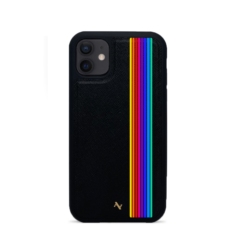 80s Black iPhone 12 Leather Case made of vegan saffiano leather with customizable typography and animal print designs.