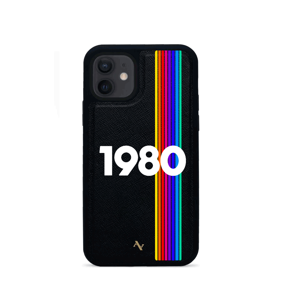 Stylish black leather case for iPhone 12 Mini with customizable typography and animal print options.