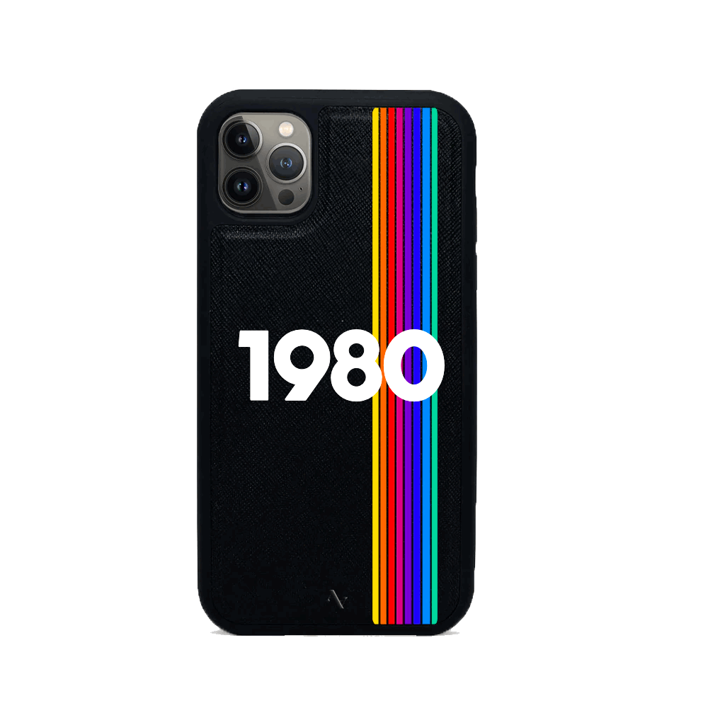 80s Black iPhone 14 Pro Leather Case made from vegan saffiano leather with a soft rubber rim, showcasing personalization options.