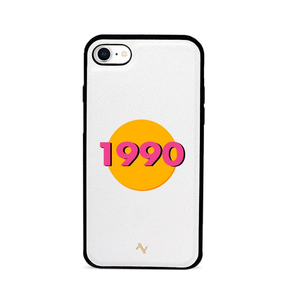 90s White iPhone 7/8/SE Leather Case made of genuine saffiano leather with a soft rubber rim, showcasing personalization options.