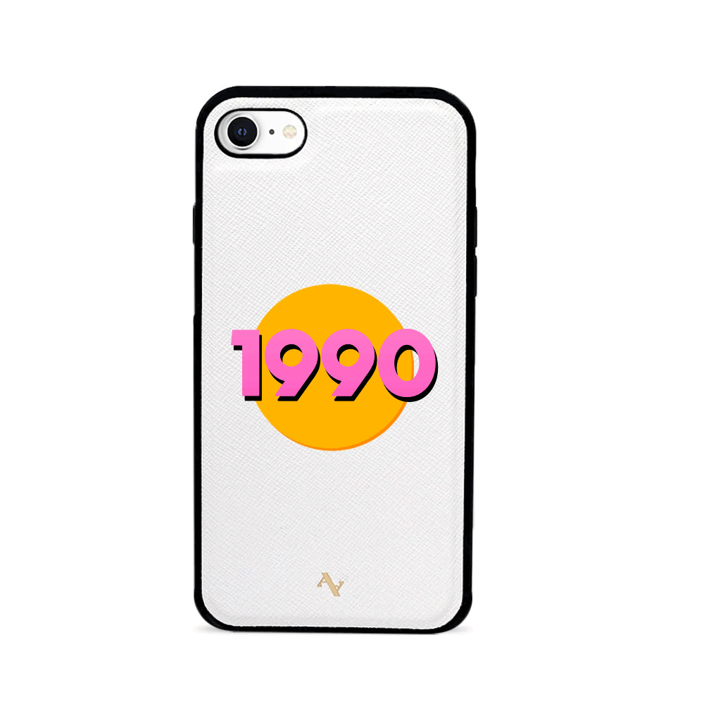90s White iPhone 7/8/SE Leather Case made of genuine saffiano leather with a soft rubber rim, showcasing personalization options.
