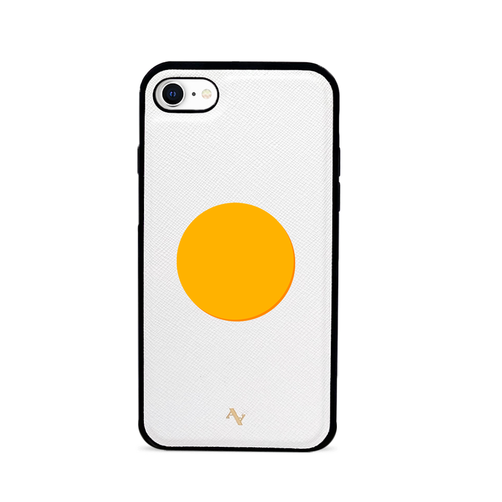 90s White iPhone 7/8/SE Leather Case made of genuine saffiano leather with a soft rubber rim, showcasing personalization options.