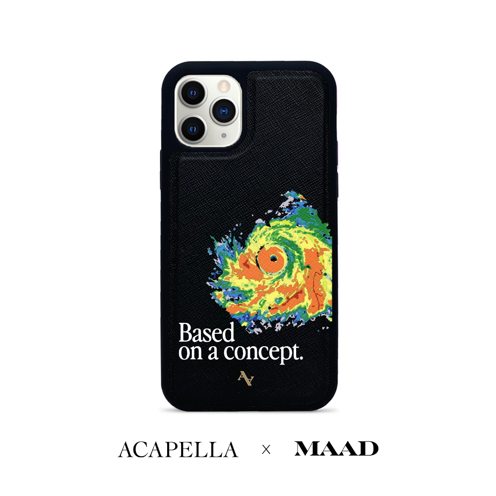 Acapella x MAAD Hurricane black leather case for iPhone 11 Pro, featuring saffiano leather and rubber rim for protection.