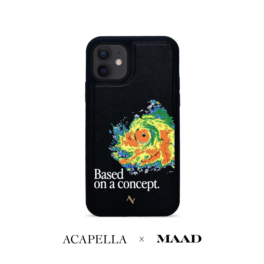 Acapella x MAAD Hurricane Black Leather Case for iPhone 12 Mini, featuring saffiano leather and customizable options.