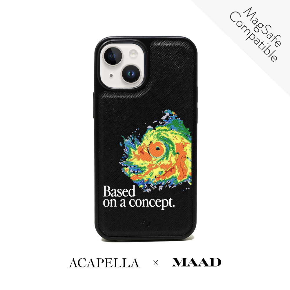 Acapella x MAAD Hurricane Black Leather Case for iPhone 14 with soft rubber rim and personalized design options.
