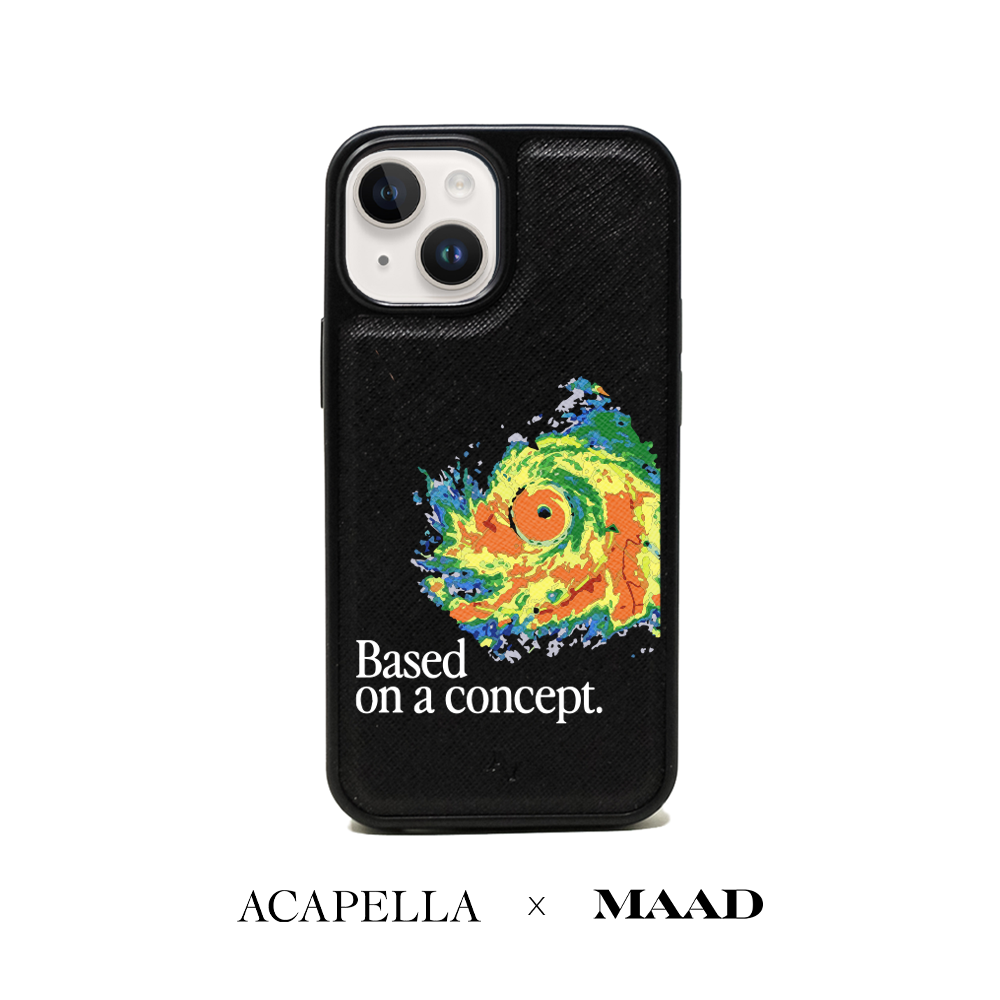 Acapella x MAAD Hurricane Black Leather Case for iPhone 14 with soft rubber rim and personalized design options.