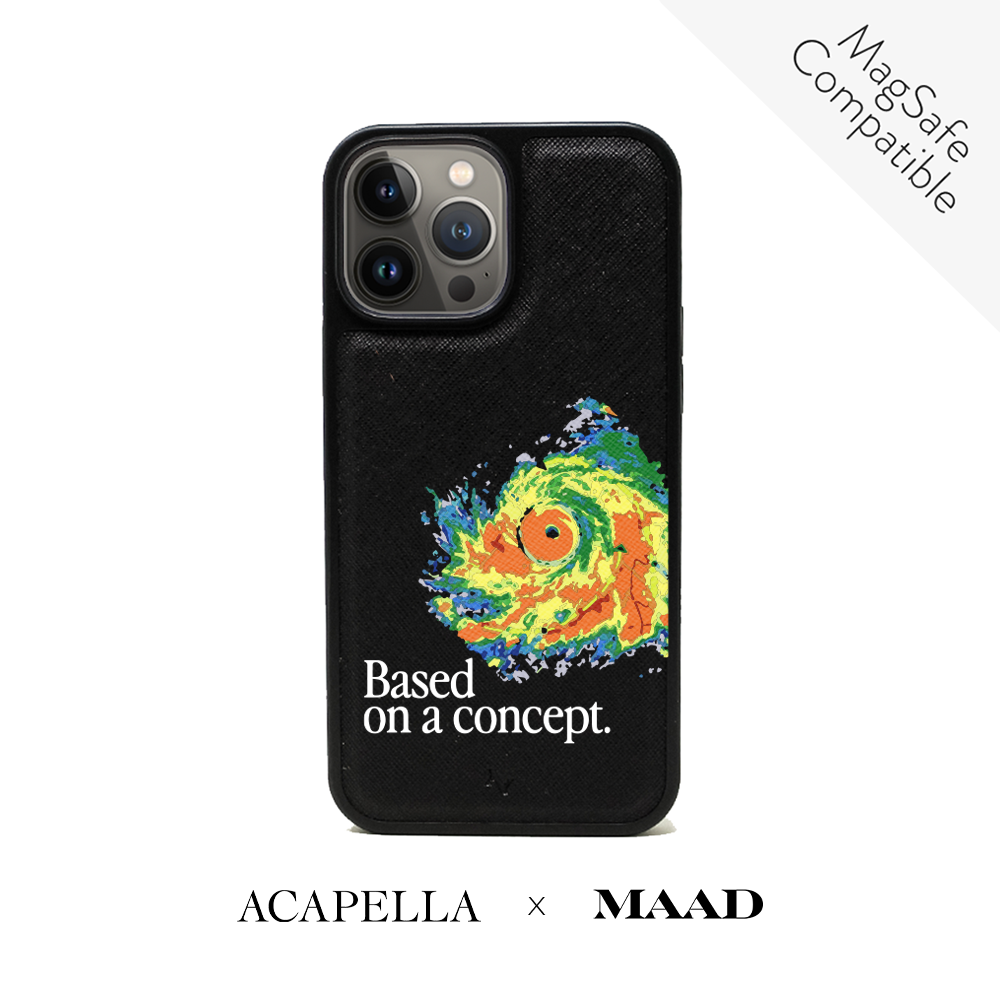 Acapella x MAAD Hurricane Black Leather Case for iPhone 14 Pro Max, showcasing vegan saffiano leather and soft rubber edges.
