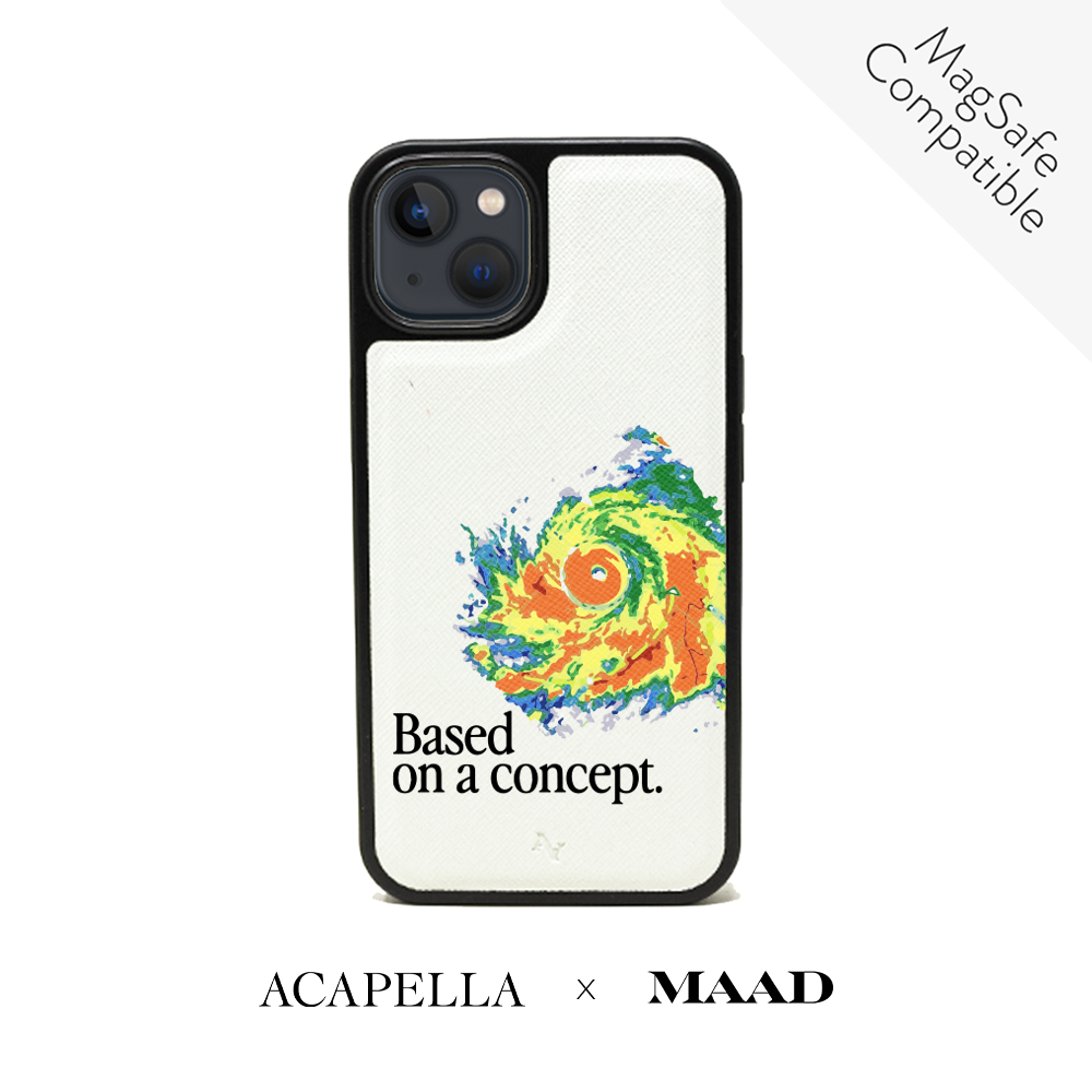 Acapella x MAAD Hurricane White Leather Case for iPhone 13, featuring vegan saffiano leather and a soft rubber rim.