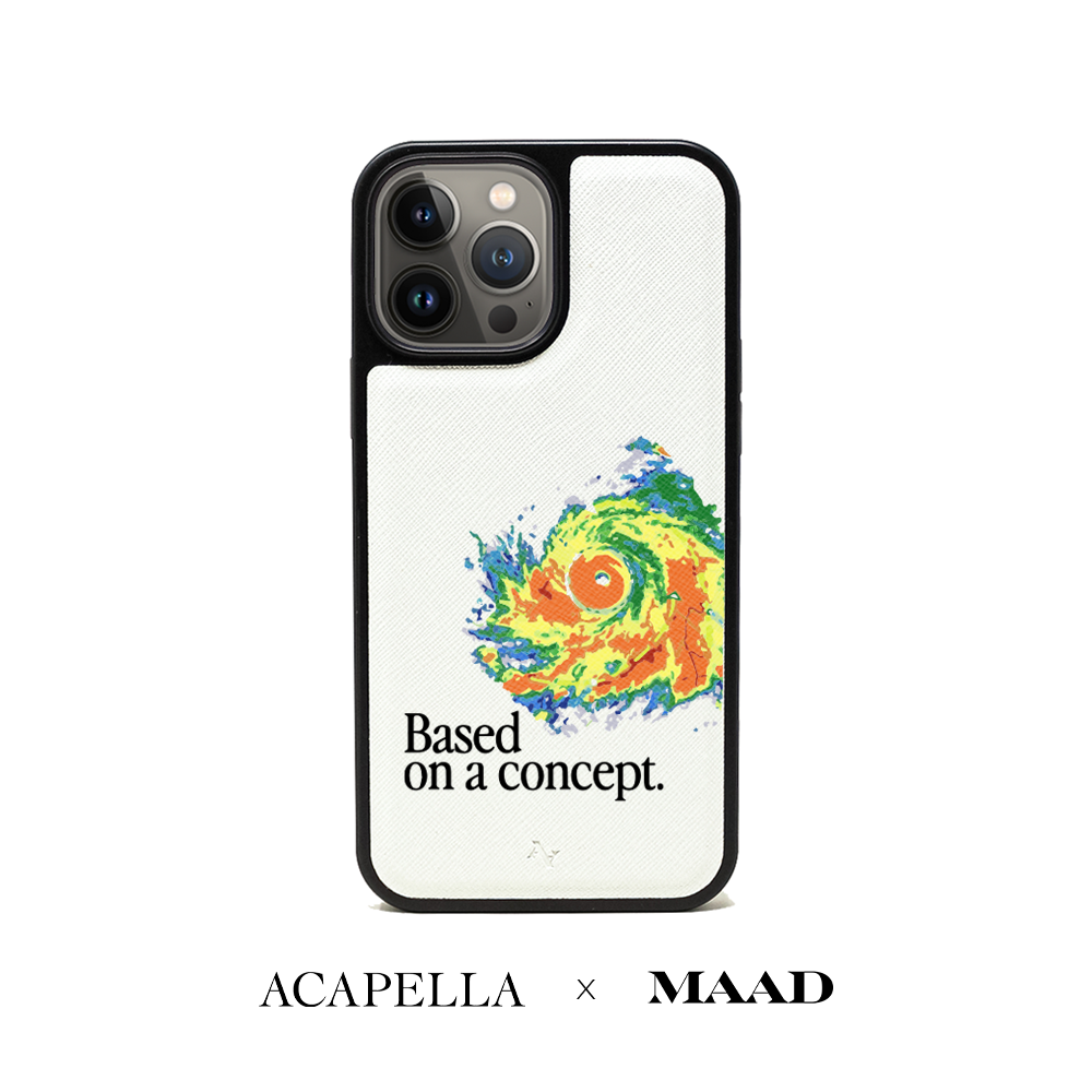 Acapella x MAAD Hurricane leather case for iPhone 13 Pro Max in white, featuring vegan saffiano leather and soft rubber rim.