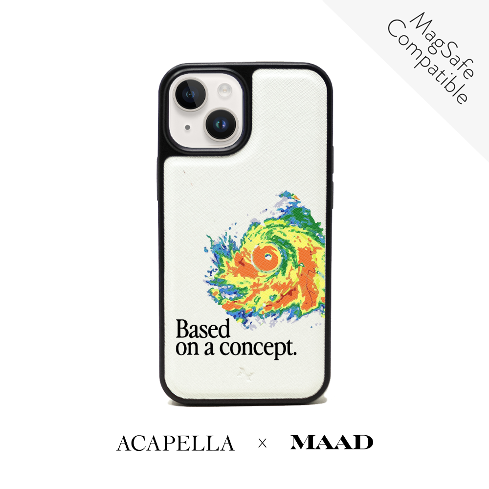 Acapella x MAAD Hurricane White iPhone 14 Leather Case with vegan saffiano leather and rubber rim.
