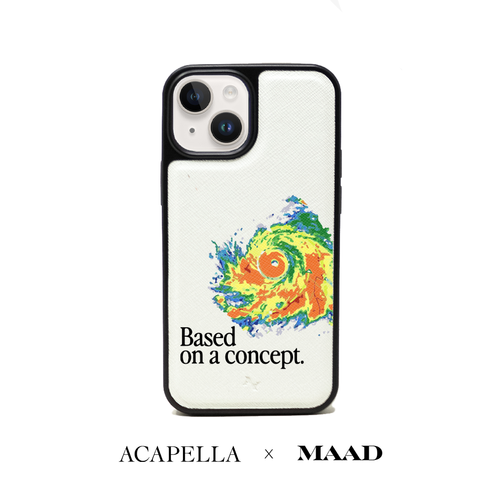 Acapella x MAAD Hurricane White iPhone 14 Leather Case with vegan saffiano leather and rubber rim.