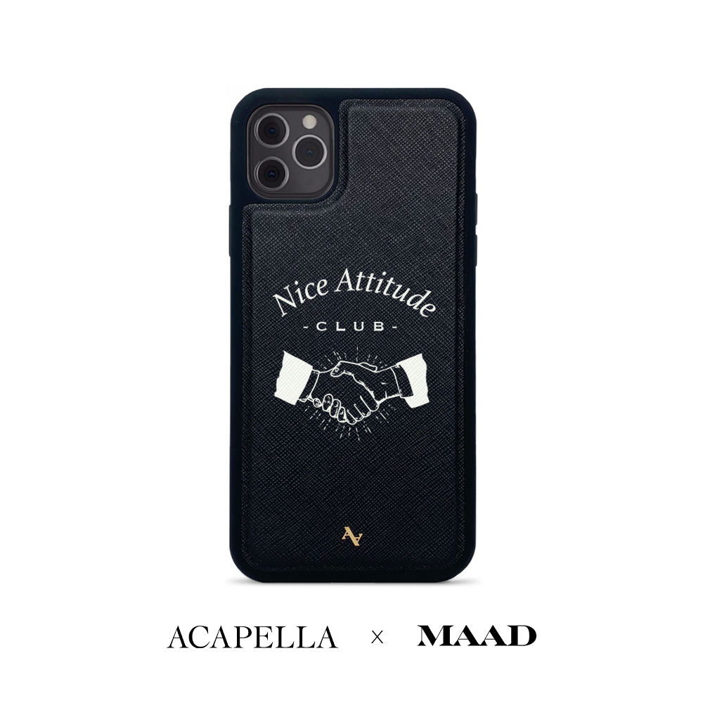 Acapella x MAAD Nice Club Black Leather Case for iPhone 11 Pro Max, featuring saffiano leather and customizable monogram options.